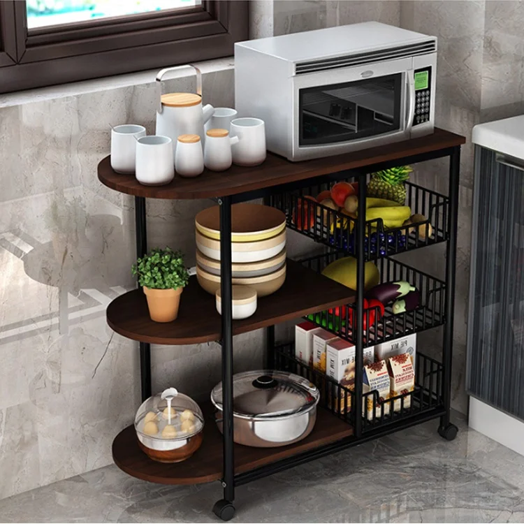 

NEW Multi-function Metal Wooden Kitchen Trolley Cart Shelf Storage Vegetable Fruit Basket Shelves Organizer Microwave Oven Rack
