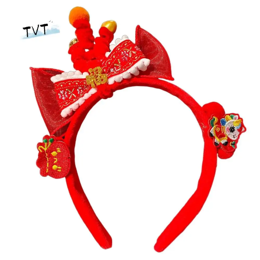 

Cute Horse New Year Hair Hoop Embroidered Bow Bow Red Plush Headband Headwear Tang Suit Ancient Style Hairband Party