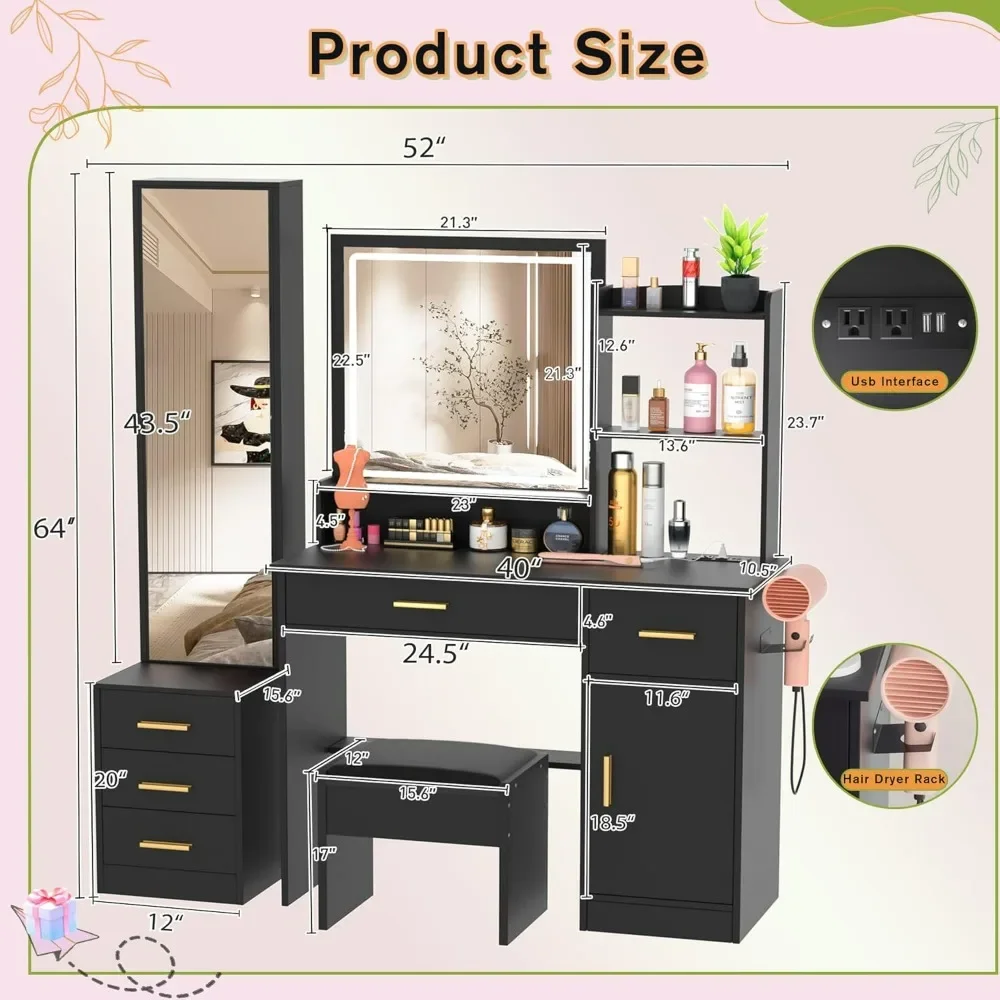 Makeup Vanity Desk with Lights and 2 Mirror, Black Vanity Table with 3 Lighting Modes and Stool Set, Dressing Table with Drawers