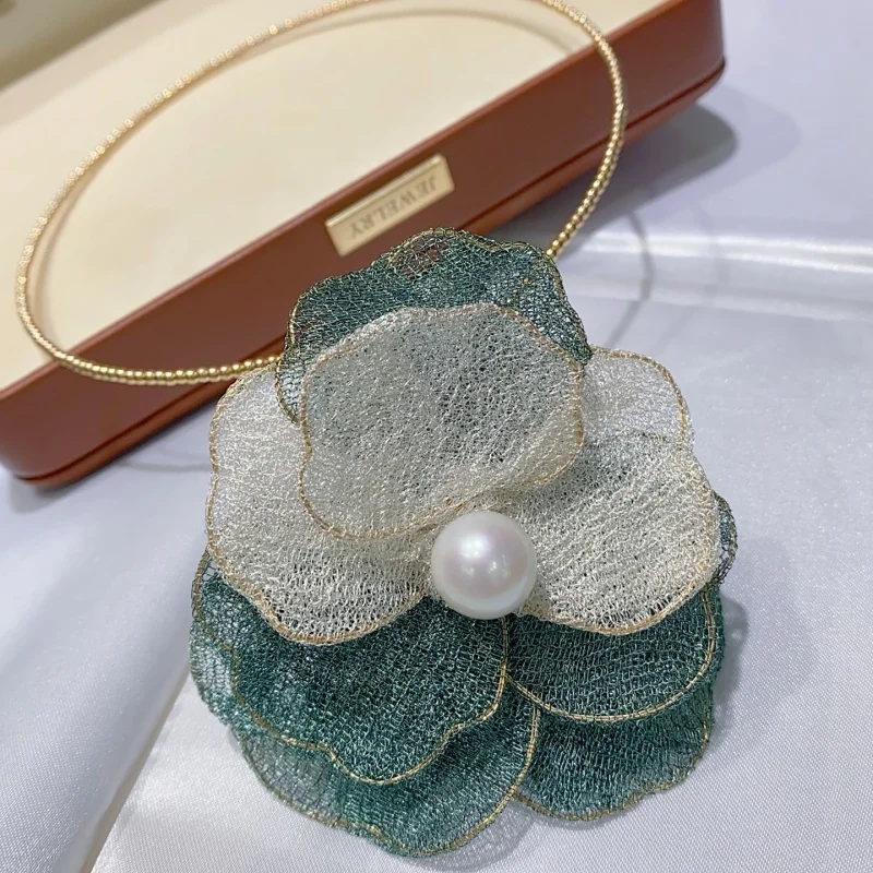 SGARIT Trending Pearl Jewelry DIY Italian Craftwork Green Flower Lace 13-14mm 14k Gold Filled Natural Pearl Chocker Jewellery