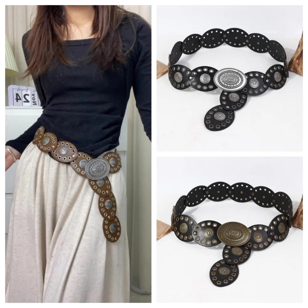 

Large Round Buckle Belt Western Cowboy Rivet Belt Vintage Western Belt Retro Pu Leather Waistband For Casual Day Out Themed