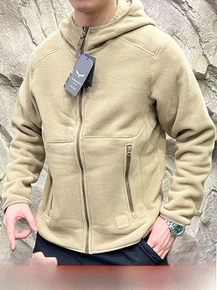 

Lightweight Double-Sided Lamb Fur Jaet Men's Stand Fit Zipper Closure Hooded Coat Youth Outdoor Sle Polyester Fiber