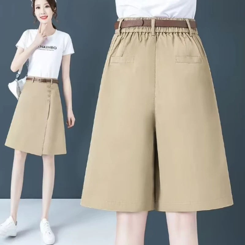 Half-length Pants Ladies Summer Thin High Waist Wide-leg Short Trousers New Plus Size Casual Loose Fake Two-piece Skirts Culotte