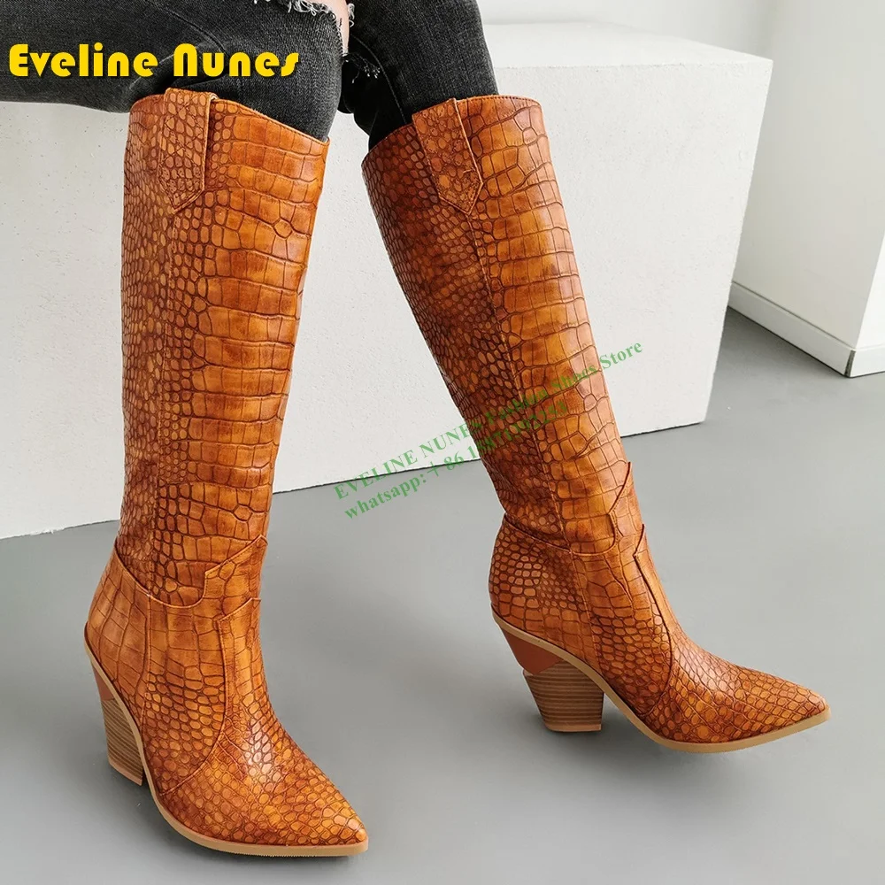 

Brown Snakeskin Pull On Patchwork Knee High Boots Plus Size Street Style Wedges Pointed Sexy Spicy Girl Mid Calf Boots Winter