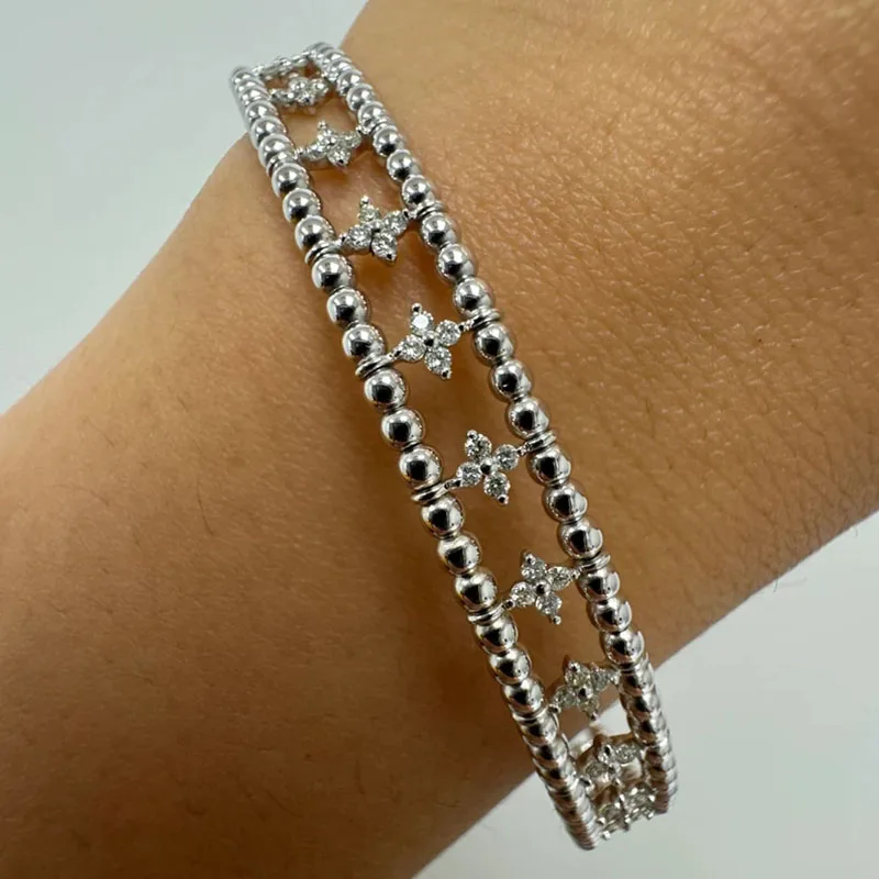 0.68CTW Round Lab Grown Diamond Flower Cluster Beaded Flexible Bangle  14k Gold Bangle Beaded And Flower Loose Fit