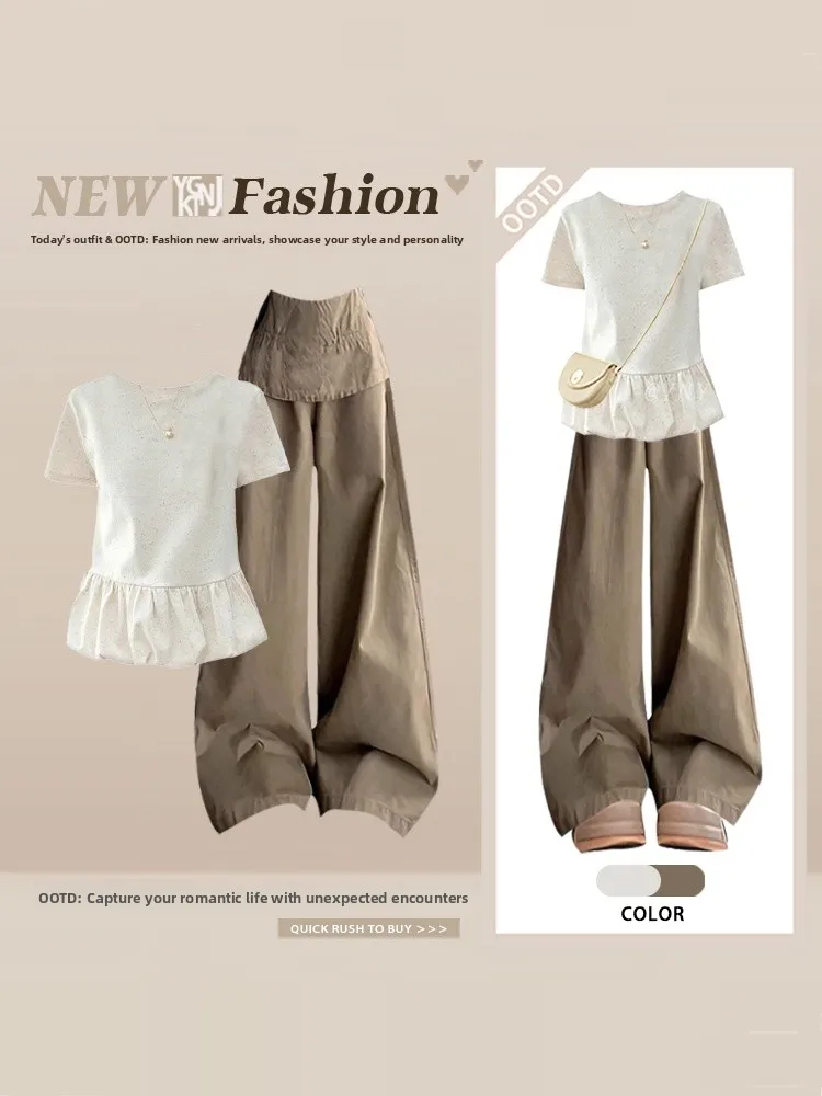 

Summer Design Pure Color Bloom Short Sleeve T-Shirt Wide Leg Casual Pants Two Piece Set Slimming Loose Feelings Outfit