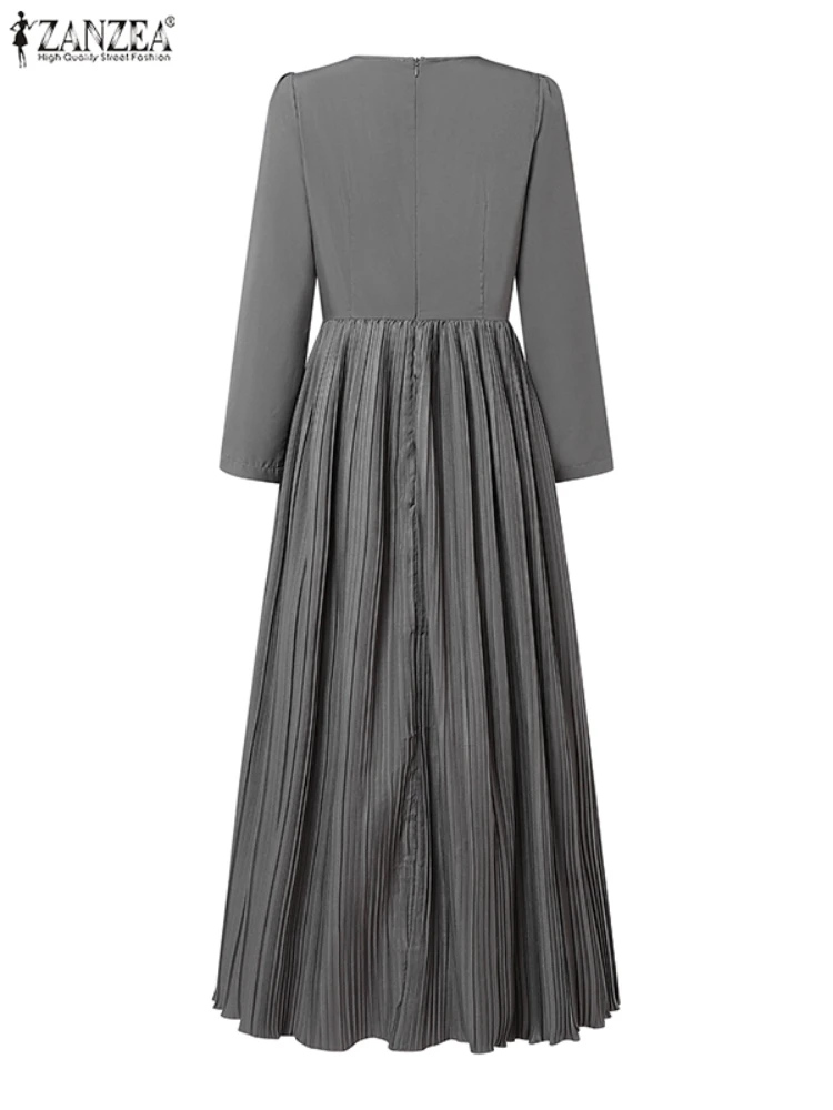 zanzea winter dresses Fashion Casual Long Sleeve Spring Party Dress Autumn Patchwork Maxi Women Pleated Sundress Female Holiday Robe Sleeve Length_Long Sleeve wearing this womens fashion Size:14 USA Silk Satin Asymmetric Ruffled