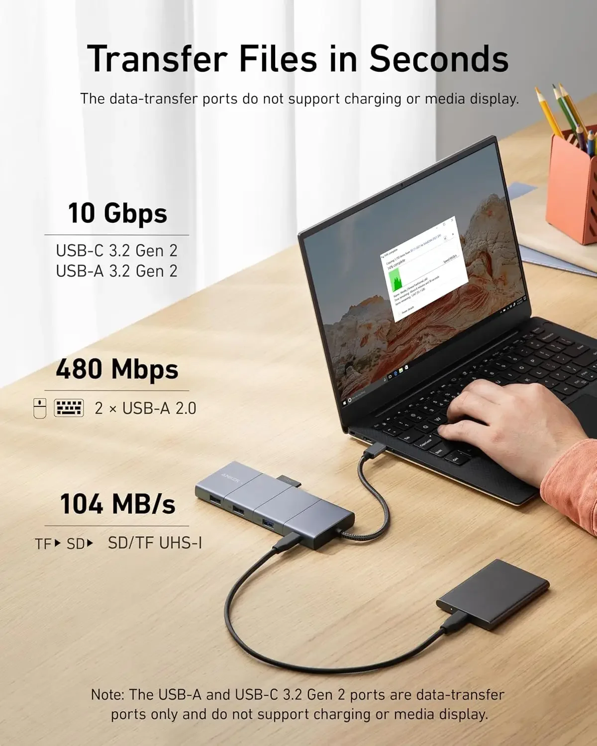 Estação de acoplamento 11 em 1 do hub USB-C TLF Anker 565 com portas de dados USB-C e USB-A de 10 Gbps, 4K e DisplayPort, 2 portas de dados para