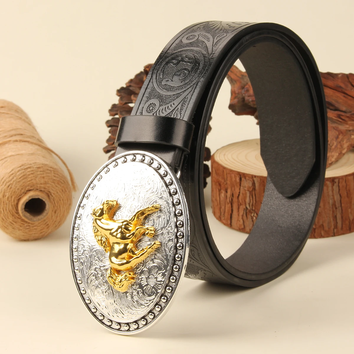 Cabeça de cavalo dourado fivela cinto cowskin steed moda ocidental estilo cowboy cintura para homens presentes ceinture hommes