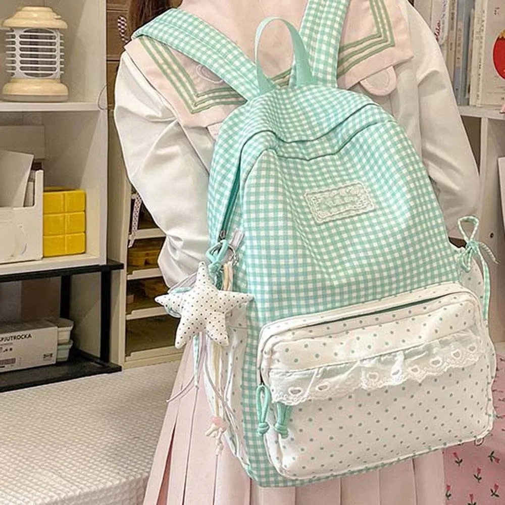 Korean Style Plaid Backpack Pastel Color Lightweight Lace Schoolbag Zipper Closure Ruffle Design Gingham Daypack