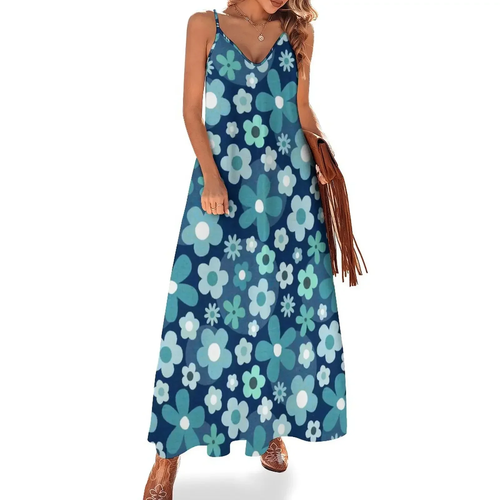 

Groovy Baby - Indigo and Aqua Sleeveless Dress festival outfit women women's summer dresses 2025 summer women's suit Dress