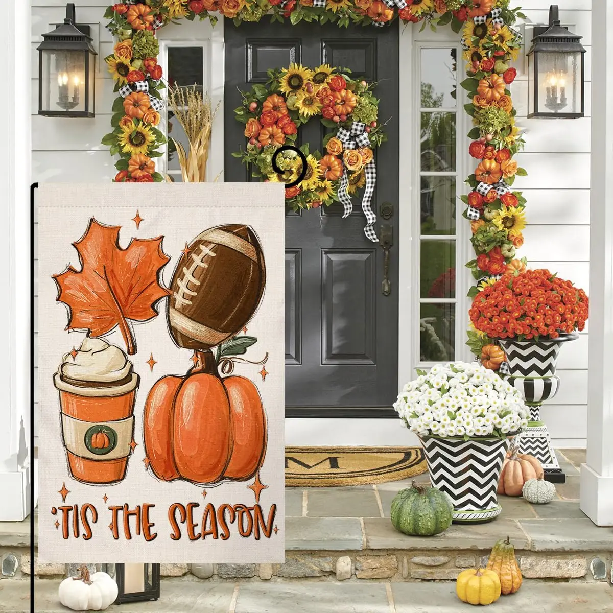 Fall Football Pumpkin Garden Flag 12x18 Double Sided for Outside, Tis The Season Autumn Maple Leaves Sports Game Day Small B KKW