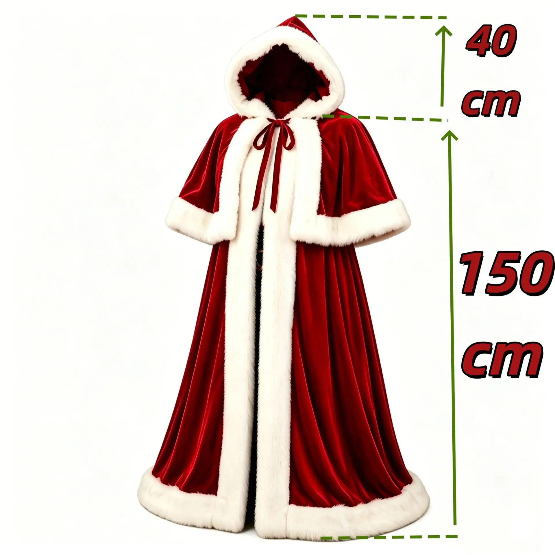 Luxuriöser Samt-Weihnachtsumhang mit Kapuze, weißer Kunstfellbesatz, langer Mantel, Weihnachtsmann, für Erwachsene, Herren, Damen, Weihnachtsbühnen-Party, Cosplay, Cape-Kostüm – Detail 1