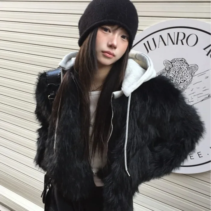 Sweet Fur Trimmed Knitted Patchwork Coat Warmth Autumn Winter Cardigan Small Design Sense Small Size Women's Top