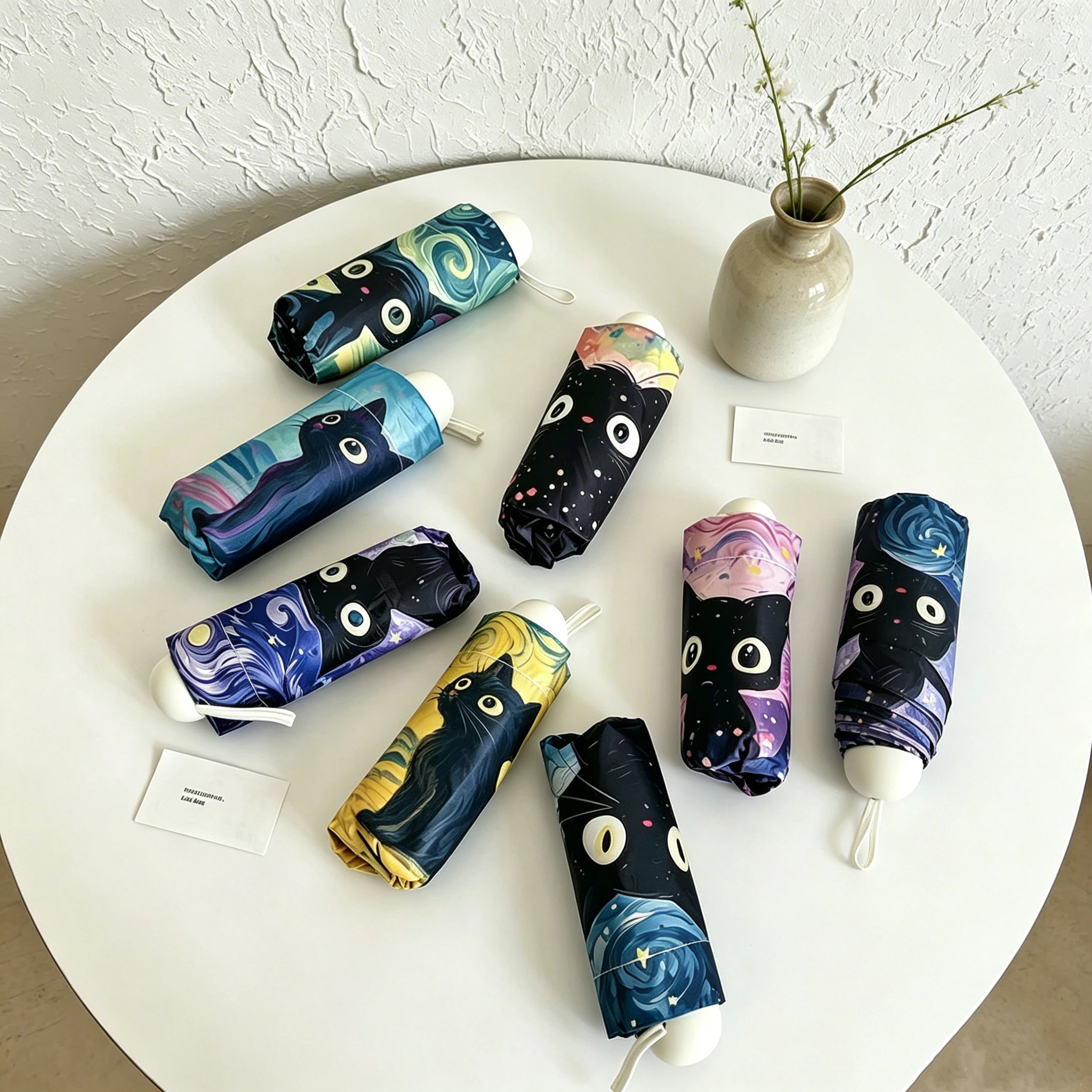Portable Mini Capsule Umbrella Cute Starry Sky Black Cat Pattern Waterproof UV Protection Foldable Sun Rain Umbrella for Women