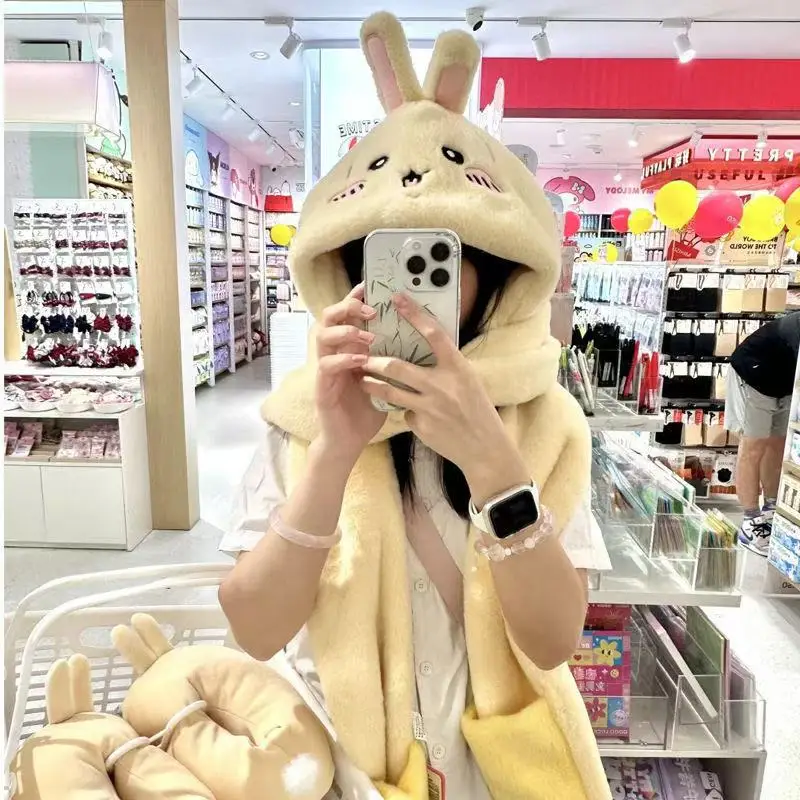 

jiyi Scarf Hat Hachiware Usagi Hat Scarf Three-piece Set Winter Plush Cold-proof and Warm Thickened Cartoon Hat Scarf