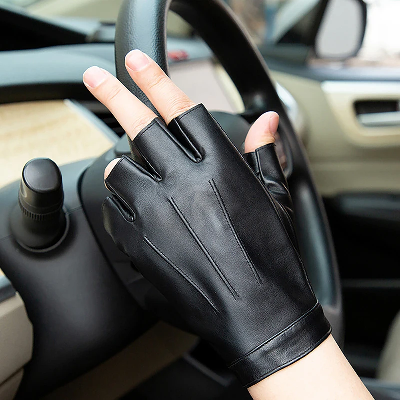 1Pair Fingerless Men Gloves PU Leather Motor Punk Gloves Male Mittens Black Half Finger Outdoor Leather Driving Gloves-New