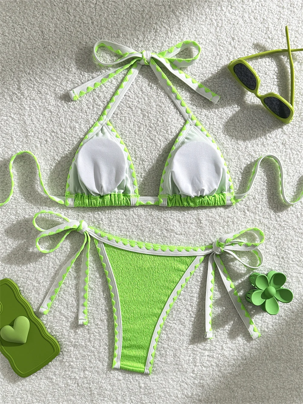 Bikini arrugado con tirantes festoneados para mujer, traje de baño Sexy Y2K con espalda descubierta, trajes de baño para vacaciones, traje de baño, Bikinis para nadar