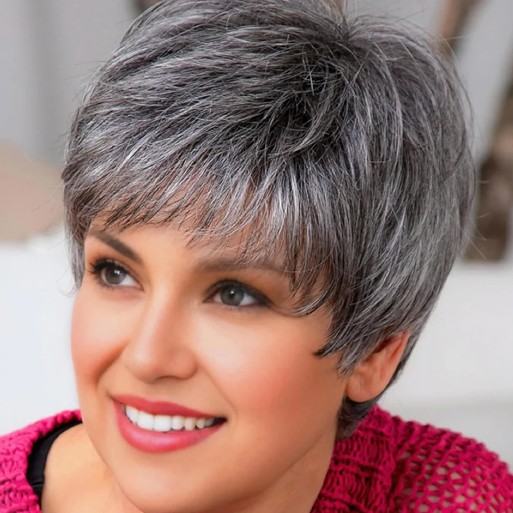 Ombre Grey Short Pixie Wig Human Hair Brazilian Remy Virgin Hair Wigs for Women Short Pixie Wig with Bangs Machine Made Wigs