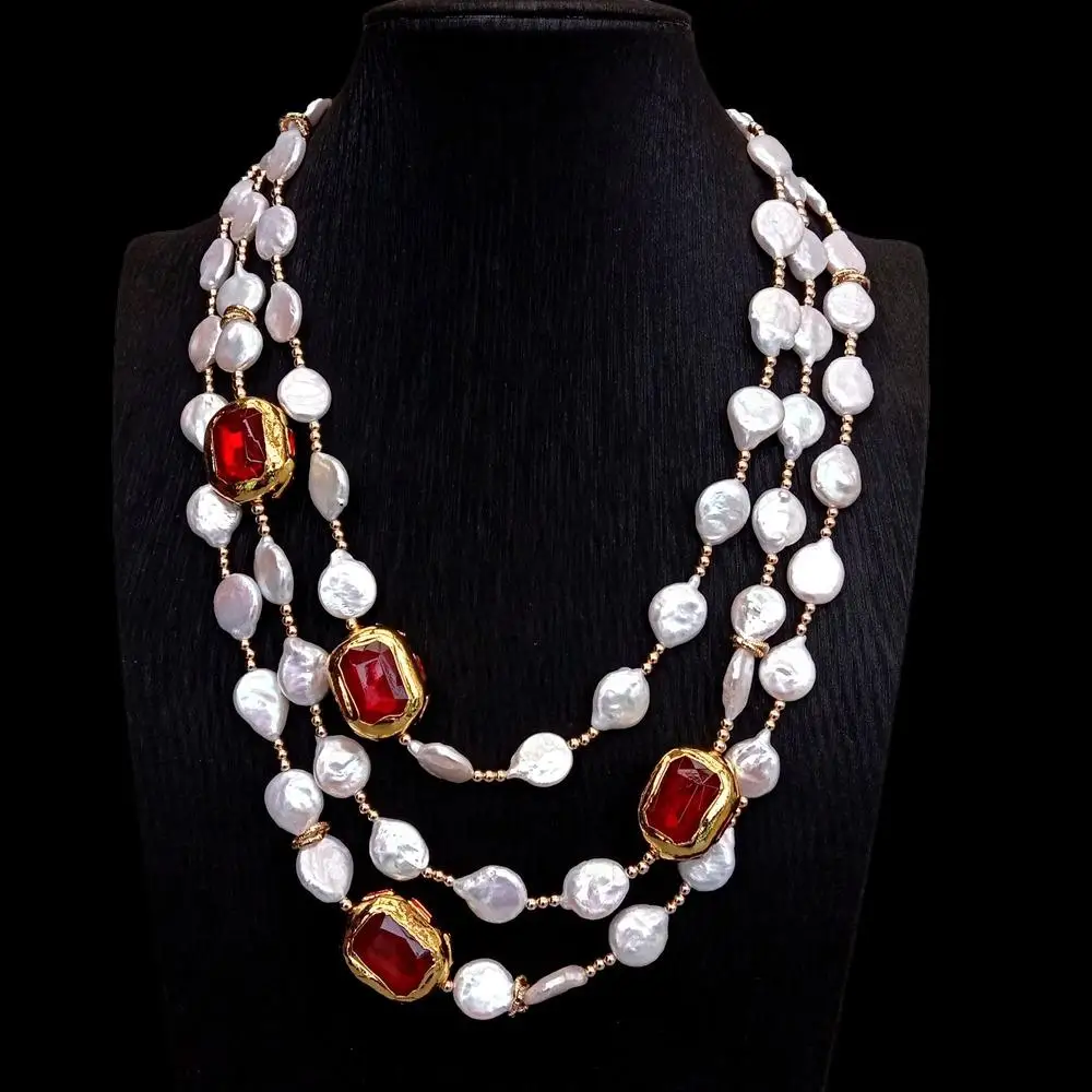 

Y·YING 3 Strands Cultured White Coin Pearl Red Crystal Necklace Statement Necklaces For Party