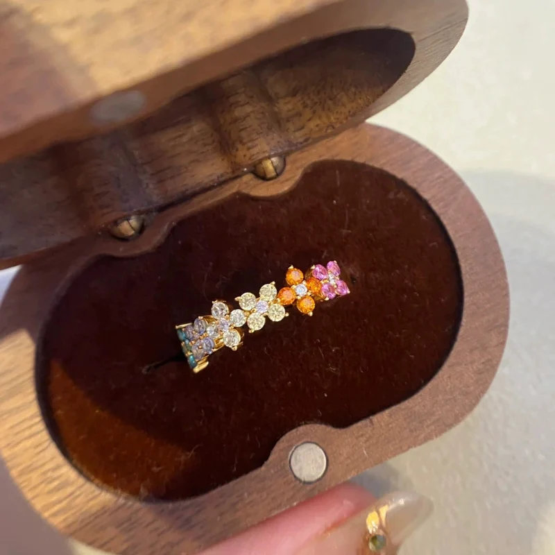 Vintage Sweet Flower Ring French Light Luxury Colored Zircon Monet Garden Strip Ring Row Ring for Women Fashion Gift KOFSAC