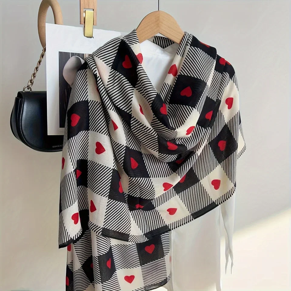 

Love Heart Grid Scarf Soft Warm Thin Shawl Romantic Style Decorative Scarf For Women Valentine's Day Gifts