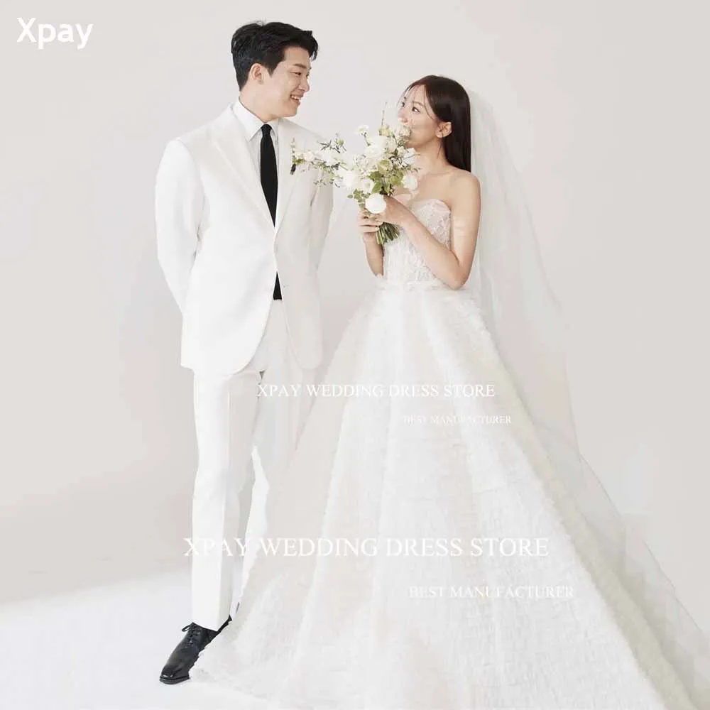 XPAY Strapless Lace Top Korea A Line Wedding Dresses Ruffles Tiered Photos shoot Custom Made Floor Length Corset Bride Dress