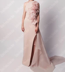 Elegante senhora vestidos de noite lenços 3d flores um ombro manga personalizado vestidos de festa fenda lateral fita de noche