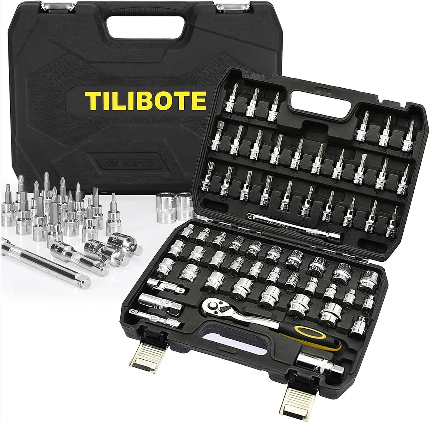 

Набор торцевых ключей, 62 шт., трещотка 3/8 дюйма, 72 зуба, SAE и метрическая 5/16'-7/8', 6-23 мм, для домашнего и автомобильного использования