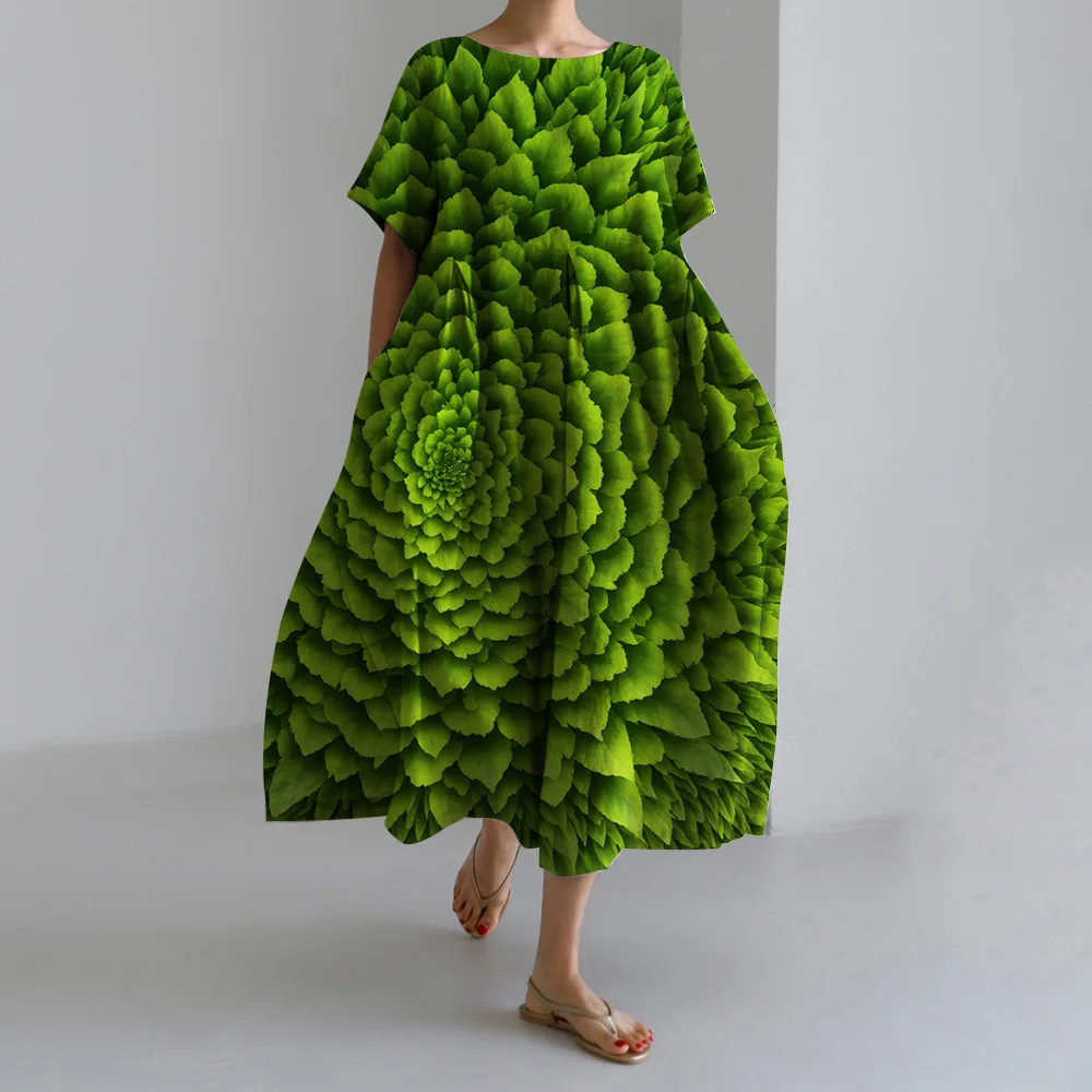 

Women's New Fashion Short-sleeved Dress Exquisite And Elegant Flowers Printed Round Neck Short-sleeved And Knee-length Skirt
