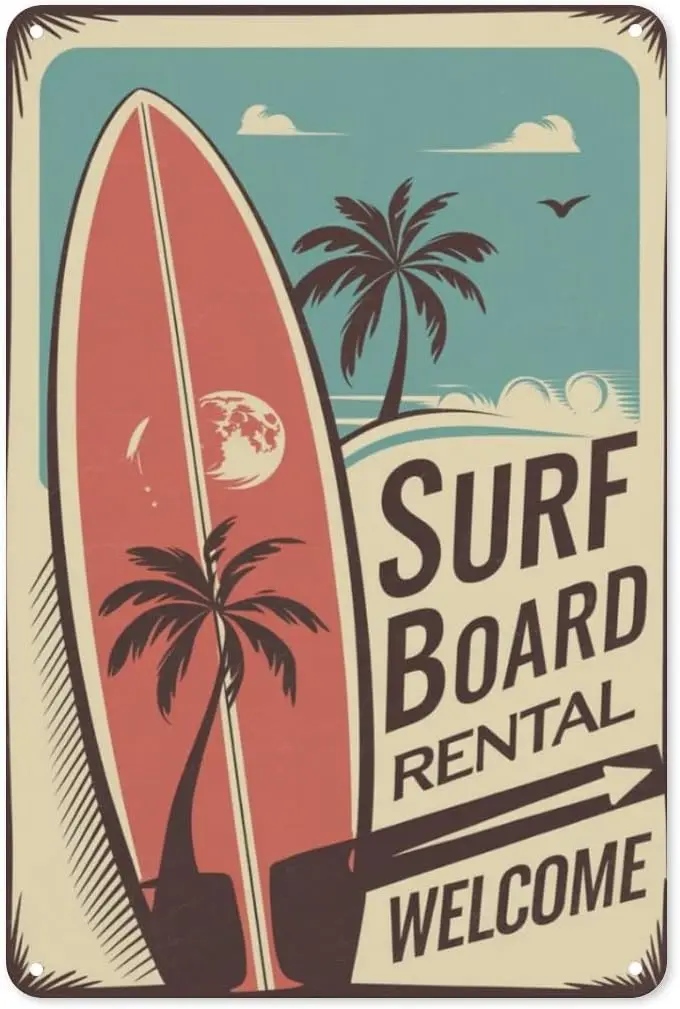 Surfboard Summer Tin Sign 8X12IN Coastal Metal Wall Art for Beach House Porch, Tiki Bar & Nautical Theme Room