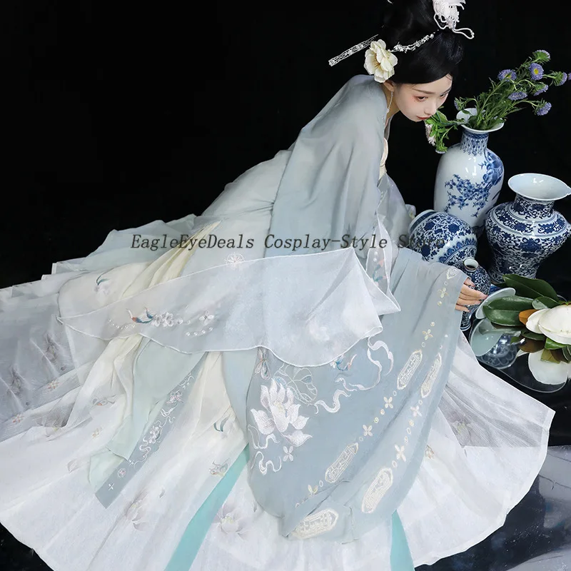 النمط الصيني الخريف المياه fuchu Hanfu الإناث تانغ نمط بلسم تنورة الحرير قميص كبير الأكمام ثلاث قطع مجموعة بدلة كاملة الطرف