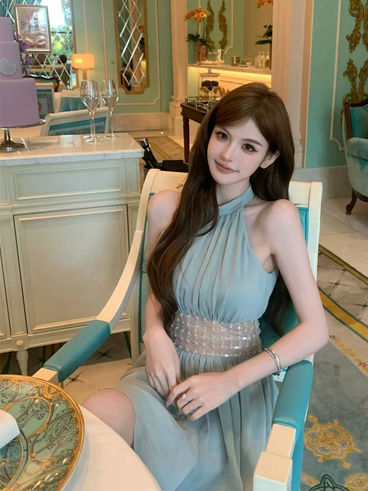 

Elegant Gentle Wind Luxury Lady Neck Hanging Dress Women's Sleeveless Waist Cinching Bead A-Line Short Skirt Summer Sexy Style
