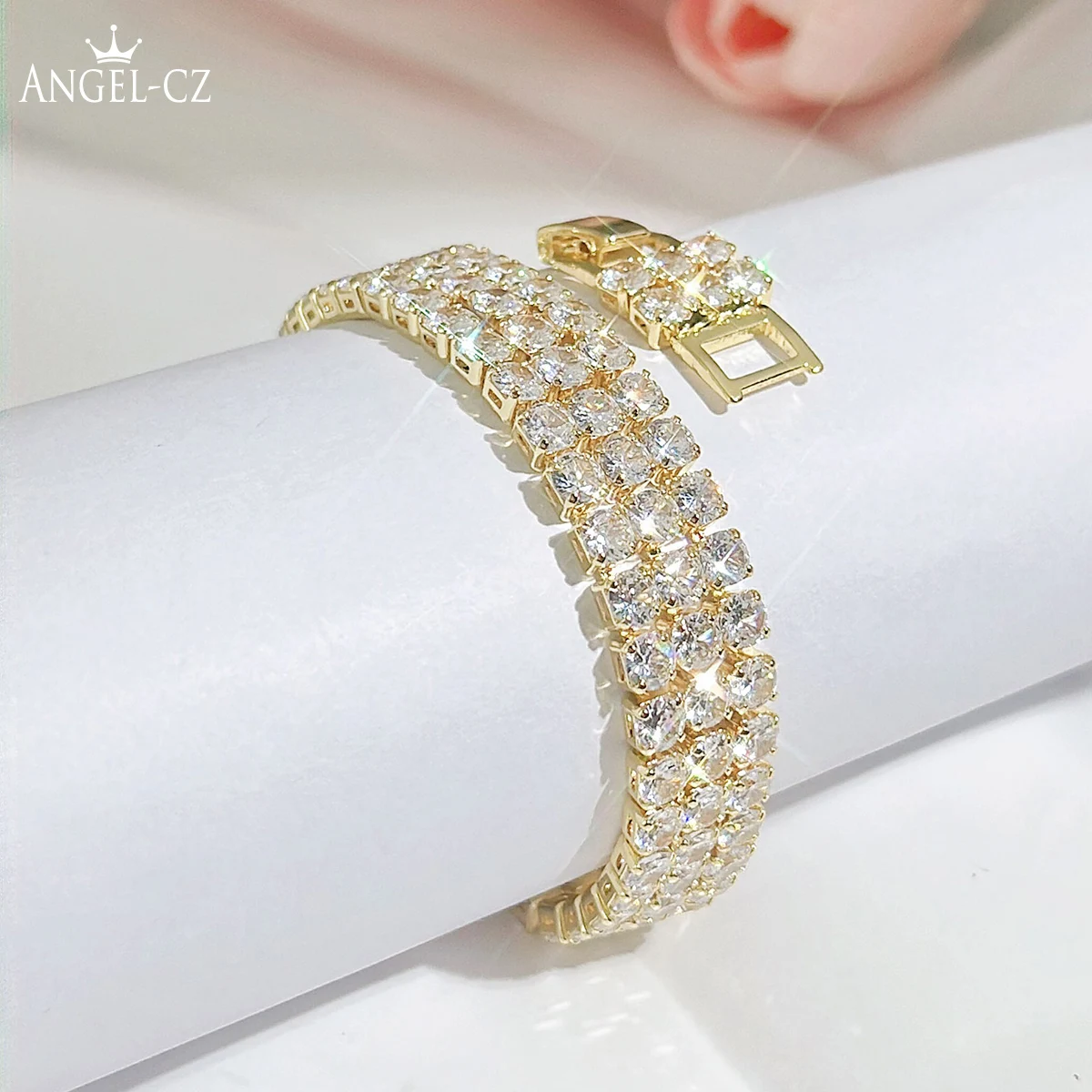 ANGELCZ Ladies Jewelry Full Pave Setting Sparkly AAA Cubic Zircon Golden Round Stone Bridal Weding Party Pendant Bracelet AB191