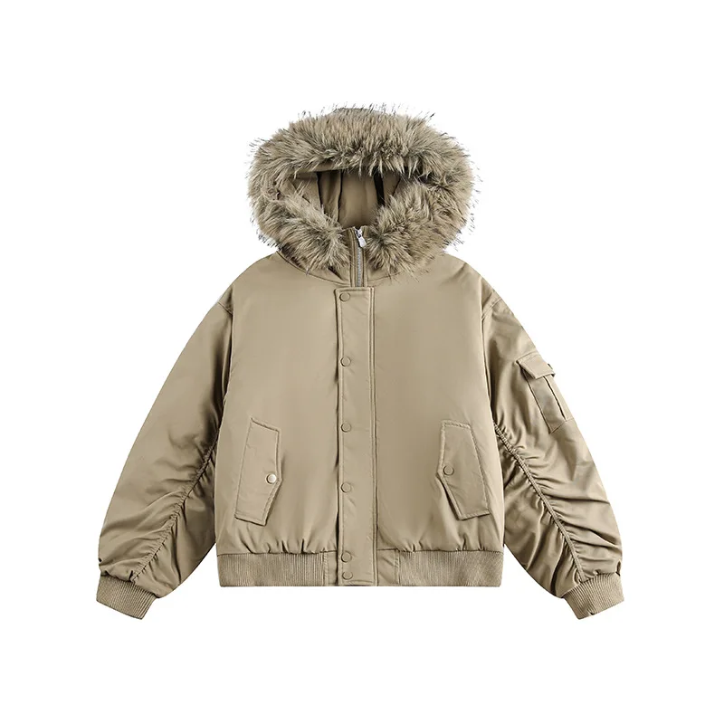 Hooded Faux Fur Collar Winter Jacket Mens Vintage Padded Parka Coat Cargo Utility Windproof Oversize Streetwear Outerwear Coat