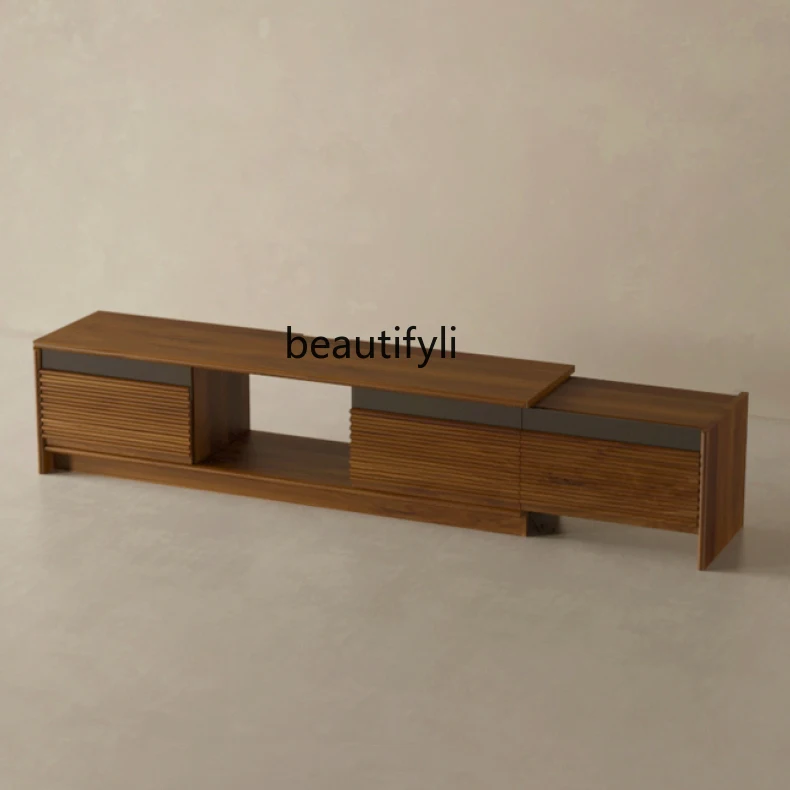 

Stretch TV Cabinet/Black Walnut All Solid Wood Retractable Audiovisual Cabinet Living Room Cherrywood Nordic