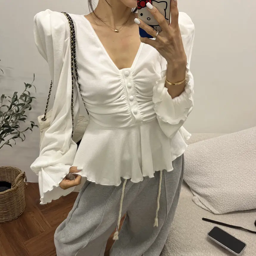 

Женская премиум-блузка с V-образным вырезом и рукавами-фонариками, прямого кроя, на пуговицах, в стиле Dongda Gate