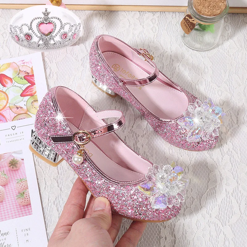 Girls Shoes High Heels 2023 Spring and Autumn New Sequin Leather Little Girl Princess Shoes Fashion Children Crystal Shoes 25-38