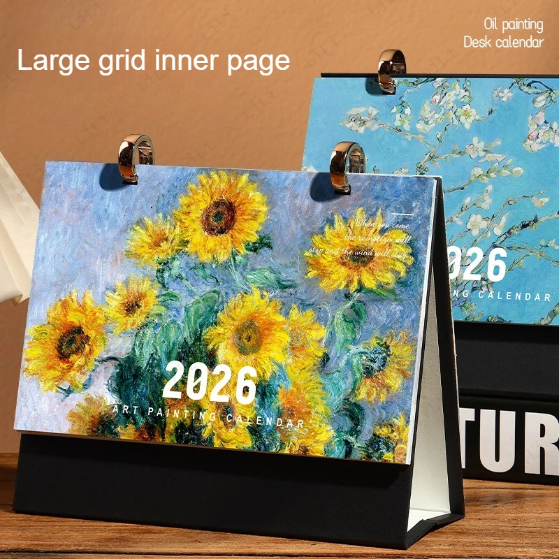 

2026 пейзажный календарь с картиной маслом, креативный ретро-стиль, настольное украшение, настольный календарь, практичный офисный календарь