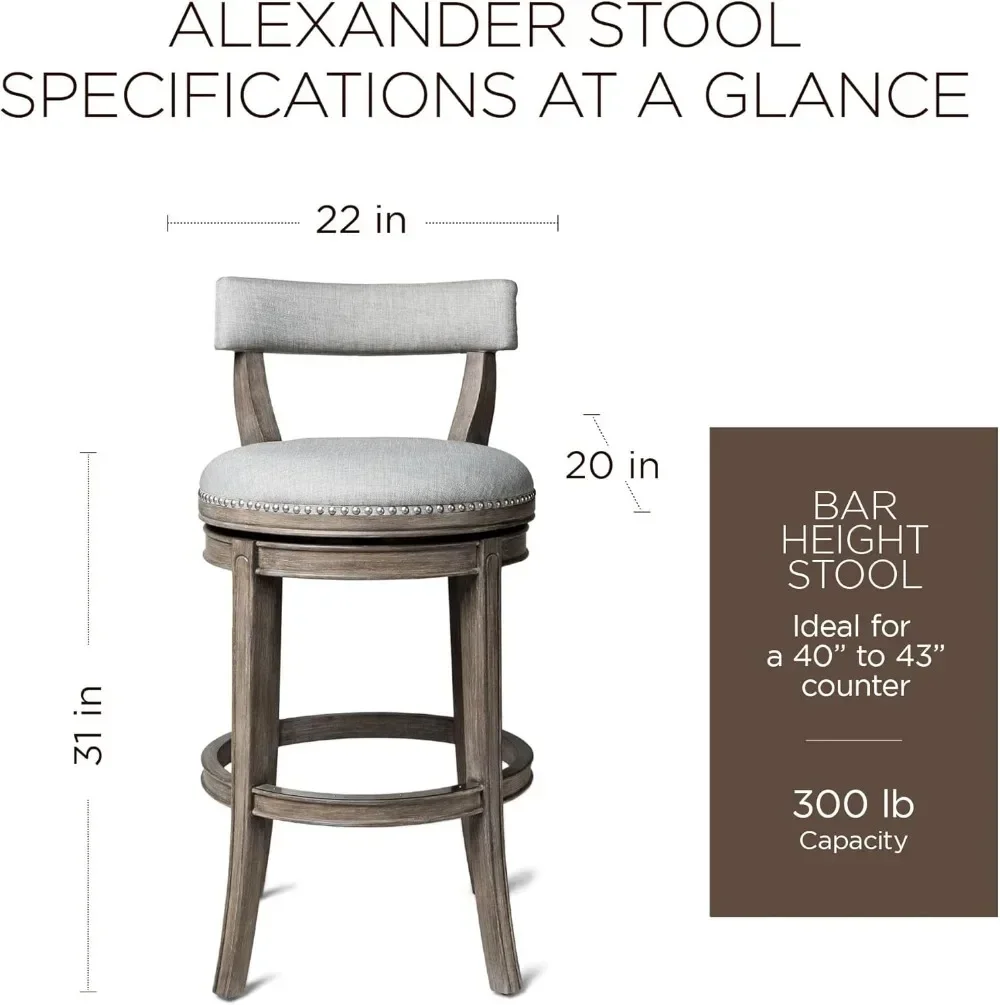 Maven Lane Alexander 31 Inch Tall Bar Height Rotating Low Back Barstool in Reclaimed Oak Finish with Ash Grey Fabric Upholstery