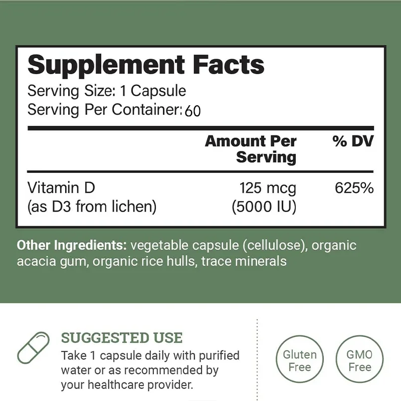 Pure Vegan Vitamin D3 5000 Supplement, Pure and Efficient Immune Health Supplement and Strong Bone Support, 60 Capsules