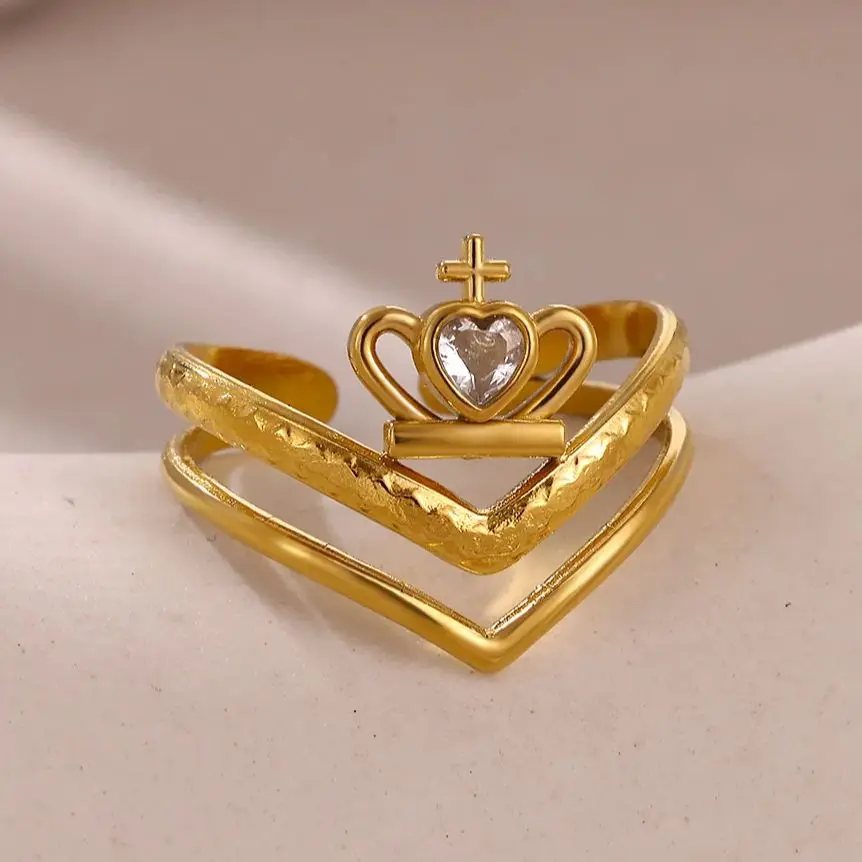 Zircon Crown & Heart Rings for Women Gold Color ‌Stainless Steel Heart Cross Adjustable Ring Elegant Fashion Jewelry Gift