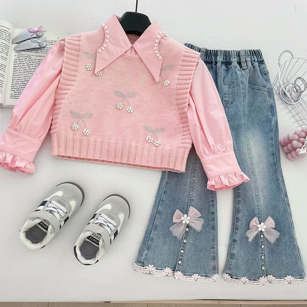 

Детские комплекты одежды для девочек, осенне-весенний детский вязаный жилет и рубашка для маленьких девочек, джинсы, брюки, комплект одежды из 3 предметов, милые комплекты для девочек