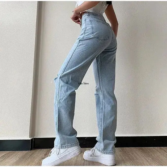 

2022 Hole Washed Wide Leg Pants Jeans Women Loose Boyfriend Jeans 100% Cotton Mom Jeans Casual Trousers Denim Pants