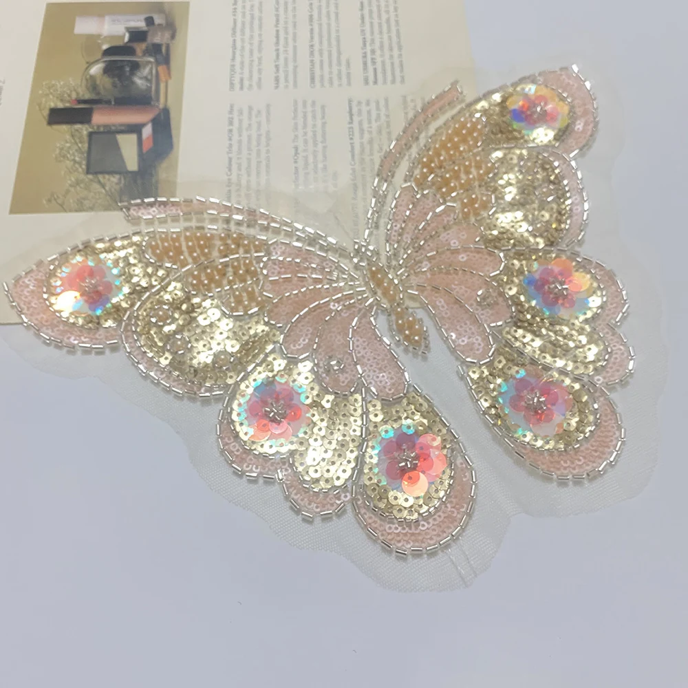 Modische Perlen-Pailletten-Stickerei Schmetterlings-Spitzenapplikationen für Brautkleider Strass-Applikationen Patches ﻿