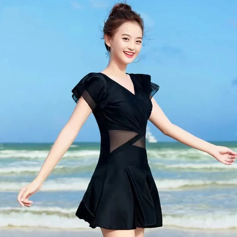 

1pcs Women Swimsuit Girls Solid Slimming One-piece Dress Style Tightening Slimming Vacation Swimsuit Female Seaside Beach Dress