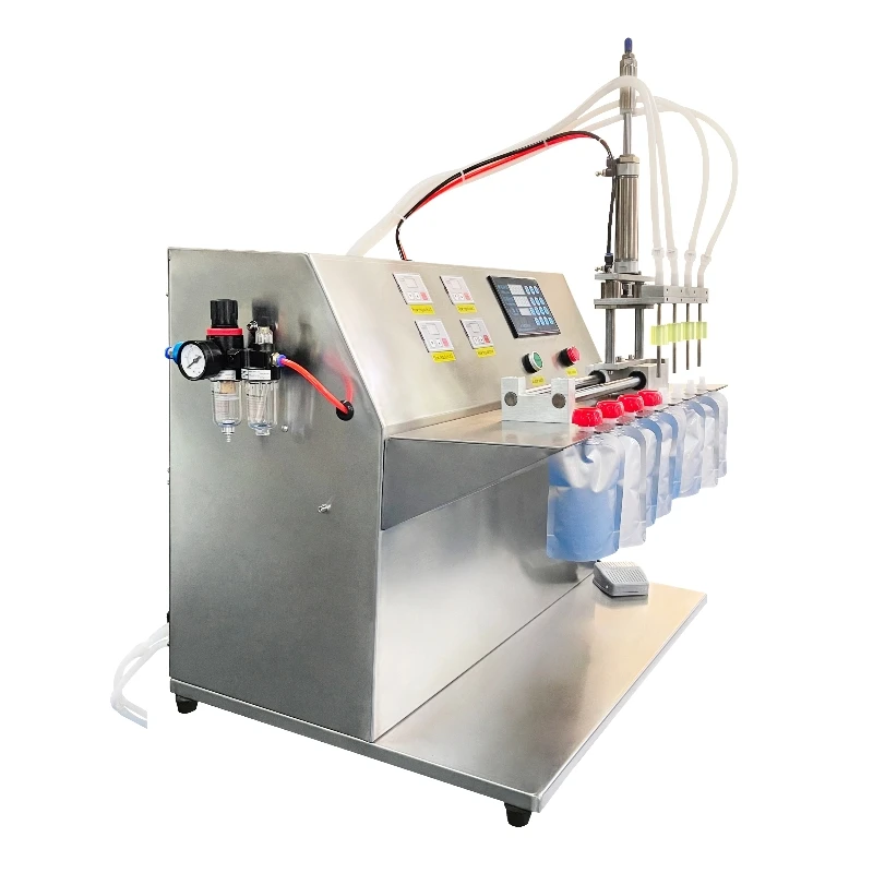

Benchtop semi-automatic peristaltic pump liquid filler with four heads and slide rail system for beverage and cosmetic packaging