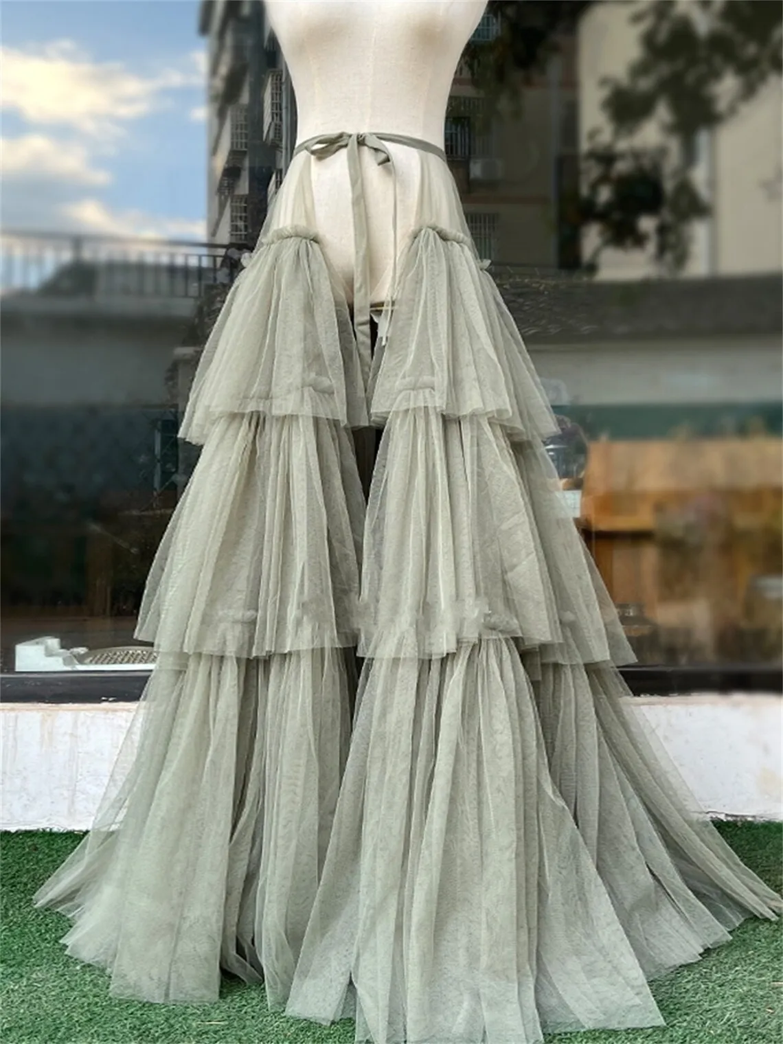 Real Image Army Green Long Women Maxi Skirt Tiered Tulle Detachable Train Tutu Tulle Bridal Overlay Over Wrap Skirt