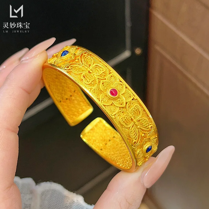 

9999 24K real gold luxury jewelry silk butterfly flower bracelet hollow butterfly flower bracelet court retro women