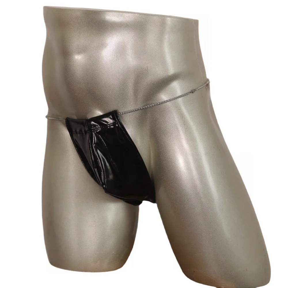 

Men's Chain Low Waist Sexy Briefs Glossy Night Show Triangle Chain Pants Stylish Faux Leather